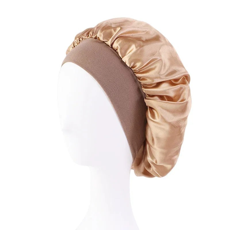 Satin Wide-Brim Sleeping Bonnet – Unisex Elastic Head Wrap Cap for Night Hair Care.