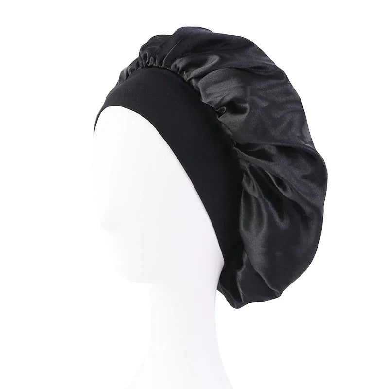 Satin Wide-Brim Sleeping Bonnet – Unisex Elastic Head Wrap Cap for Night Hair Care.