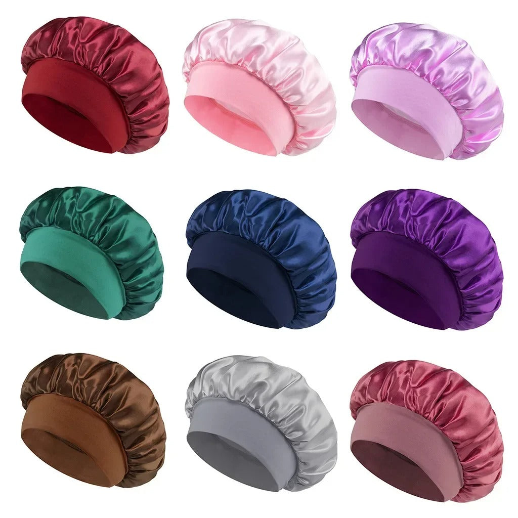 Satin Wide-Brim Sleeping Bonnet – Unisex Elastic Head Wrap Cap for Night Hair Care.