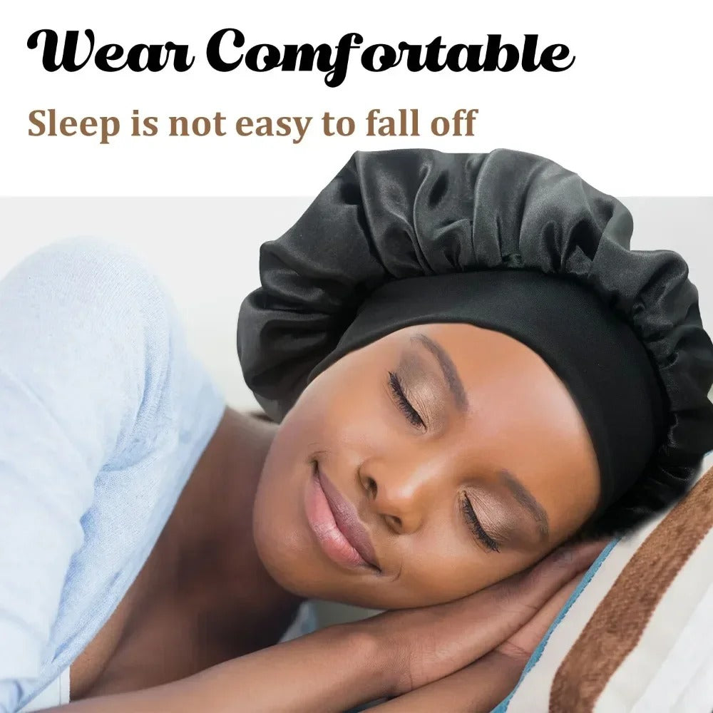 Satin Wide-Brim Sleeping Bonnet – Unisex Elastic Head Wrap Cap for Night Hair Care.