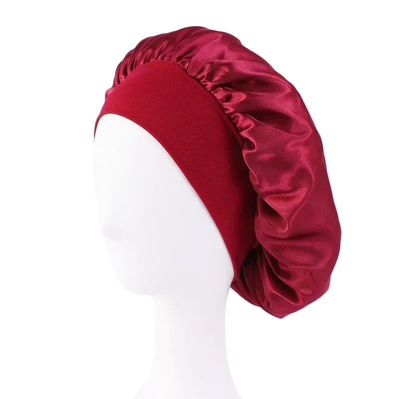 Satin Wide-Brim Sleeping Bonnet – Unisex Elastic Head Wrap Cap for Night Hair Care.
